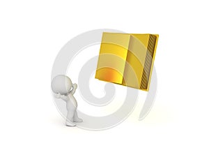 3D Character looking up in awe at golden book photo