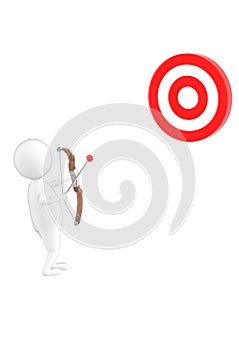 3d character , man aiming with his arrow and bow towards a dart traget board photo