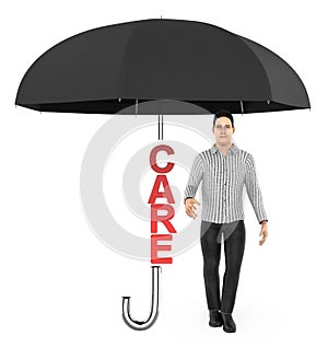 3d character , man , care text under an unfold umbrella