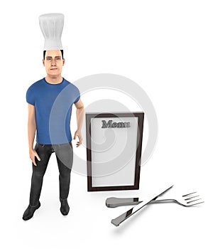 3d character , man chef , menu , fork spoon and knife