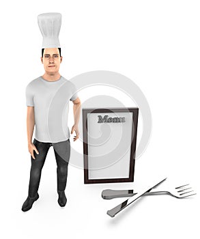 3d character , man chef , menu , fork spoon and knife