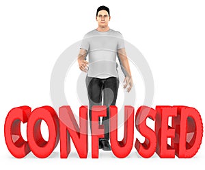 3d character , man , doubt , confussed - confused text