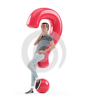 3d character man leaning under question mark