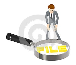 3d character , man , magnifier and file text