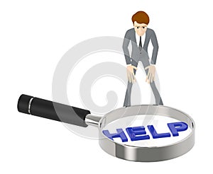 3d character , man , magnifier and help text