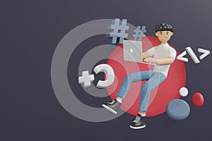 3D Character Man writes code on the computer. Programming and coding concept