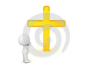 3D Character praying to golden cross photo