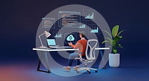 3D character programming at digital desk with floating code and data analytics screens