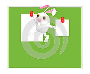 3d character , rabbit hanging on pins in a boards , empty notes