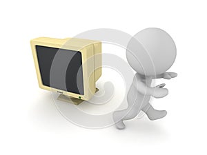 3D Character Running Away from an Old Computer
