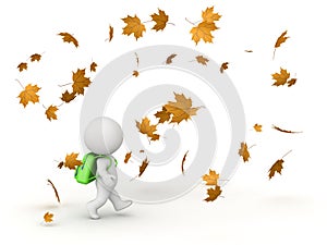 3D Character with School Bag and Autumn Leaves