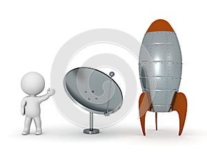 3D Character Showing Parabolic Antenna Dish and Rocket