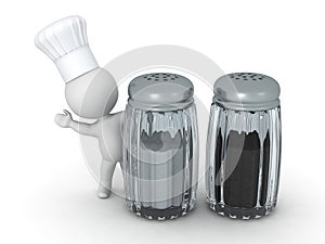 3D Character Wearing Chef Hat Waving from behind Salt and Pepper