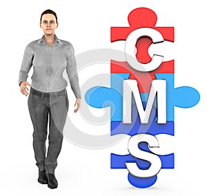 3d character , woman and cms text in jigsaw