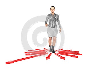 3d character , woman confused , doubtfull while standing in centre of arrows pointing towards differemt direction