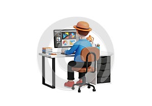 3d character working on computer at desk isolated on transparent background