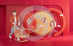 3D charactor pushing the shopping cart, 3d rendering