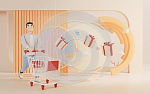 3D charactor pushing the shopping cart, 3d rendering