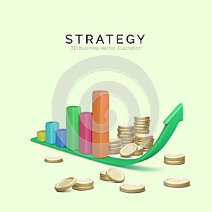 3D chart bar on rising arrow with stacks of gold coins. Statistics and analysis of business success