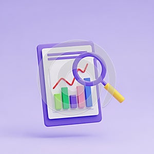 3D Chart and Magnifying Glass on Purple Background graph data