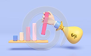 3D charts, businessman hands holding graph with money bag isolated on blue background. quick credit approval, loan approval,