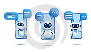 3d chat bot. Ai robot with speech bubbles on smartphone screen, artificial chatbot icon, gpt customer service support photo