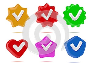 3D check mark. Quality accept icon. Checkmark badge. Success or correct examine tick tag. Election assessment. Right photo