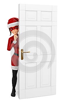 3D Woman christmas superhero hidden behind a door shutting photo