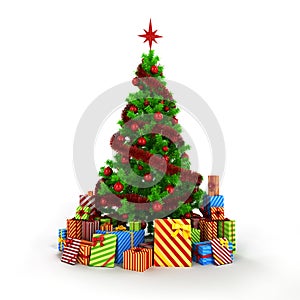 3d Christmas tree with colorful ornaments and presents