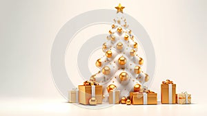 3d Christmas tree with golden balls and star, glittering wrapped gift boxes isolated on white background. Minimalistic Merry Xmas