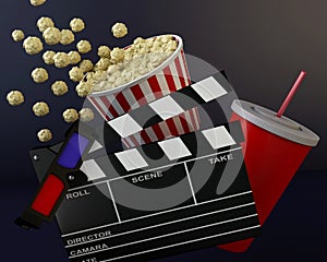 3d Cinema clapper board, popcorn and drink.