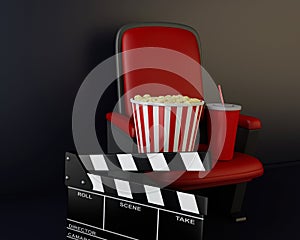 3d Cinema clapper board, popcorn and drink.