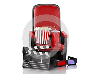 3d Cinema clapper board, popcorn and drink.