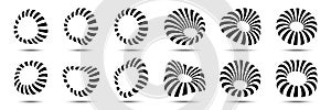 3d circular striped frames set. Three dimensional stripy distort shapes Logo design element for technology. Vector photo