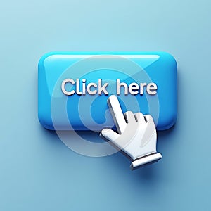 3D Click Here Button with pointer clicking icon isolated on a blue background