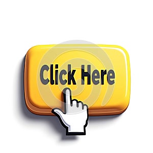 3D Click Here Button with pointer clicking icon isolated on a white background