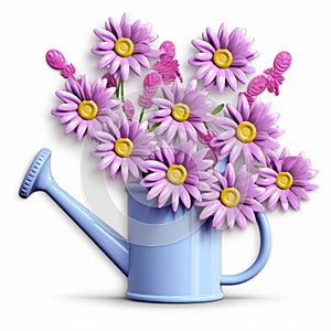 Cute Watering Can Hat Clip Art With Aster Flowers On White Background