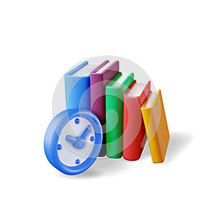 3d Clock and Stack of Books Isolated