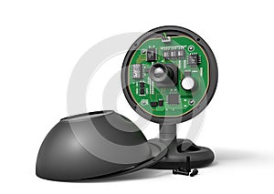 3d close-up rendering of black webcam with its front half taken off and lying beside and insides of camera revealed, on