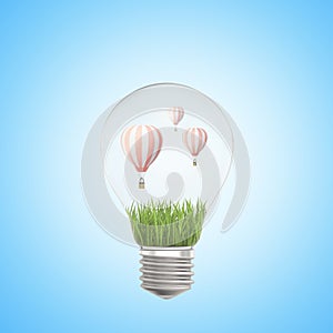 3d closeup rendering of electric bulb with green grass and three striped hot-air balloons inside on light-blue