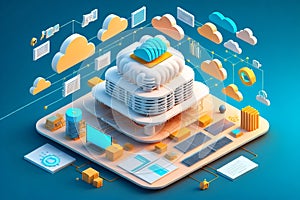 3D Cloud Computing Creative Illustration. Cloud Services, Cloud Solutions, Cyber security, Ai Mind, Network Management, Modern