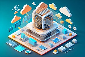3D Cloud Computing Creative Illustration. Cloud Services, Cloud Solutions, Cyber security, Ai Mind, Network Management, Modern