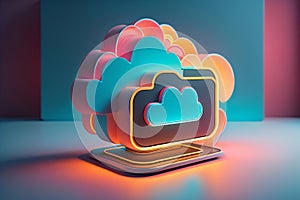 3D Cloud Computing Creative Illustration. Cloud Services, Cloud Solutions, Cyber security, Ai Mind, Network Management, Modern