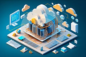 3D Cloud Computing Creative Illustration. Cloud Services, Cloud Solutions, Cyber security, Ai Mind, Network Management, Modern