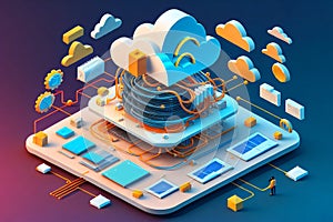 3D Cloud Computing Creative Illustration. Cloud Services, Cloud Solutions, Cyber security, Ai Mind, Network Management, Modern