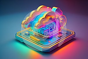 3D Cloud Computing Creative Illustration. Cloud Services, Cloud Solutions, Cyber security, Ai Mind, Network Management, Modern