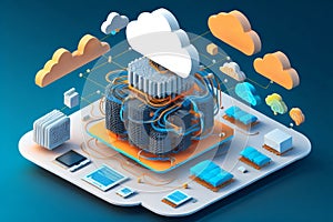 3D Cloud Computing Creative Illustration. Cloud Services, Cloud Solutions, Cyber security, Ai Mind, Network Management, Modern