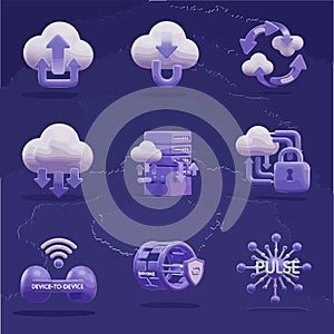 3D Cloud Computing, Data Security, and Modern Network Technology Icon Set
