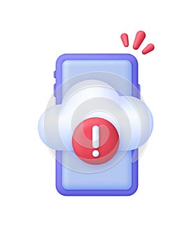 3D Cloud computing error icon on Phone. Concept of broken communication with database. Data issue, disconnection.