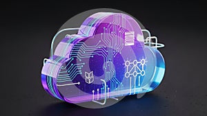 3D Cloud Computing Icon with Circuit Board and Neural Network Design technology data